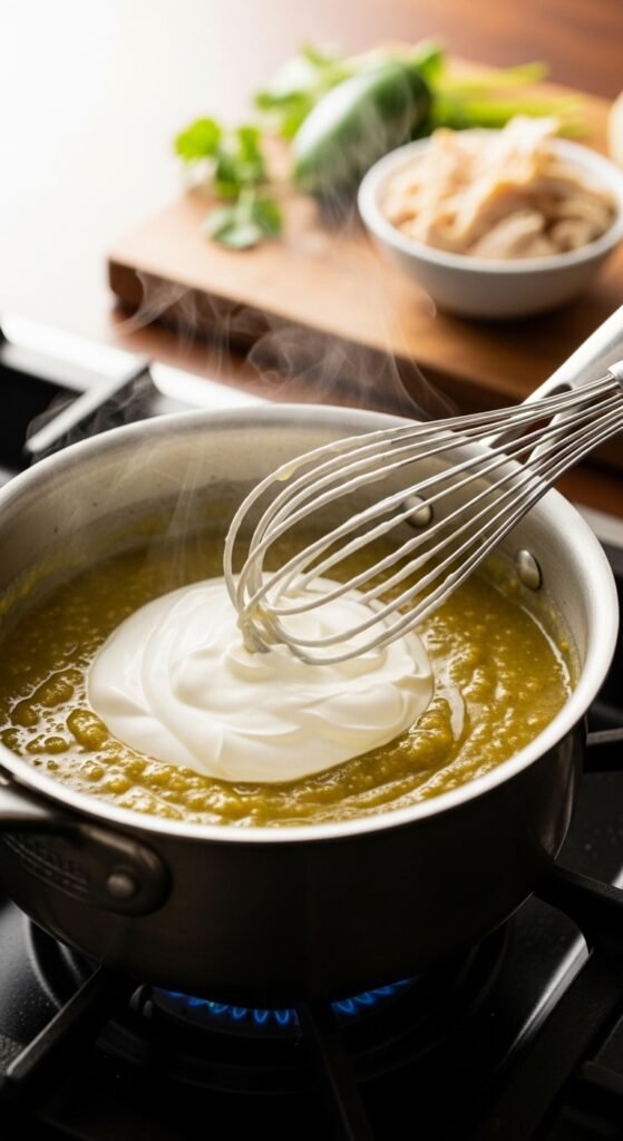 A breathtaking sour cream chicken enchilada recipe editorial featuring a stunning baking dish of golden baked enchiladas smothered in rich creamy white sauce, melted cheese, fresh cilantro, and jalapeños on a rustic wooden table, showcasing the ultimate guide to making the most delicious and authentic sour cream chicken enchilada recipe at home.