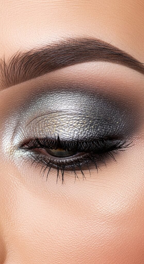 A stunning glamorous McBling makeup editorial featuring a beautiful woman with full Y2K inspired beauty including frosty eyeshadow, metallic foiled lids, glossy lips, shimmery blush, face gems, and chunky highlights, showcasing 18 McBling makeup ideas as a complete guide to mastering the most iconic Y2K makeup trends.