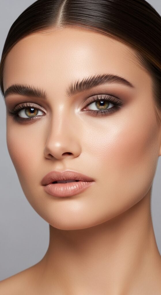 A stunning everyday makeup routine editorial featuring a beautiful woman with effortless natural beauty including glowing dewy skin, soft brows, subtle eye makeup, and flushed blush surrounded by essential makeup products on a white marble vanity, showcasing 18 everyday makeup routine ideas as the ultimate guide to achieving effortless beauty.