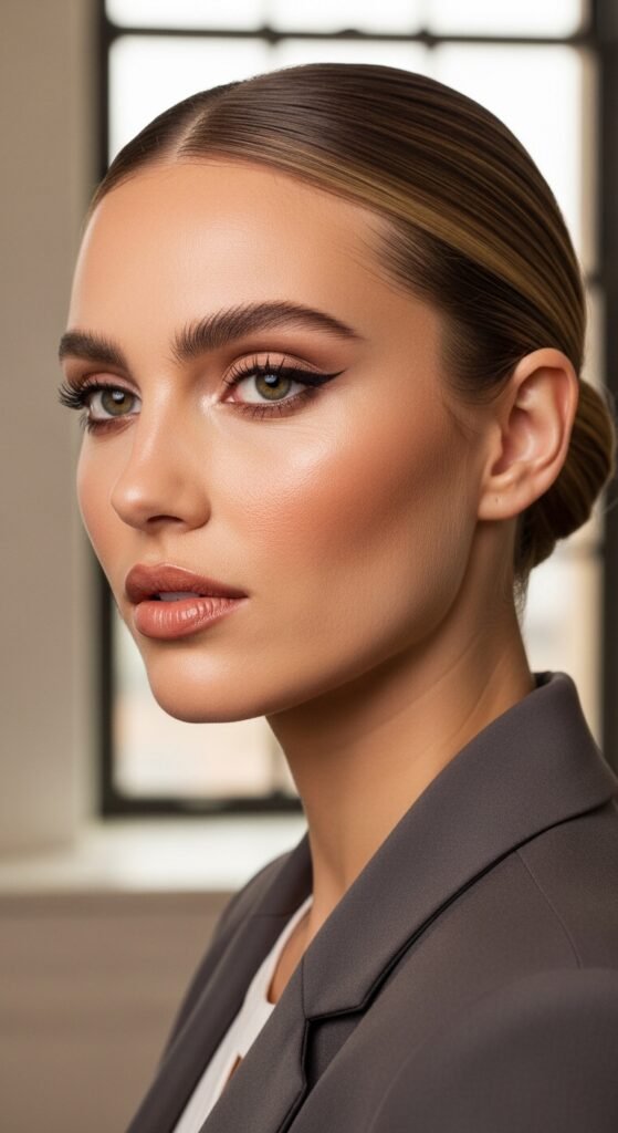 A stunning no mascara makeup editorial featuring a beautiful woman with flawless glowing skin, bold defined brows, colorful graphic liner, glossy lips, and radiant blush all achieved without mascara, showcasing 15 no mascara makeup ideas that prove bare lashes can be absolutely beautiful.