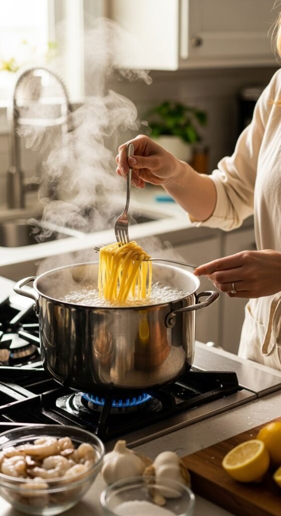 A breathtaking shrimp scampi pasta recipe editorial featuring a stunning bowl of perfectly cooked linguine with plump golden seared shrimp in a glossy white wine lemon garlic butter sauce with fresh parsley and lemon zest on a rustic Italian wooden table, showcasing the ultimate guide to mastering shrimp scampi pasta recipes at home.