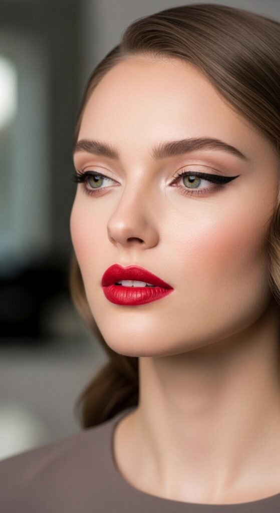 A stunning everyday makeup routine editorial featuring a beautiful woman with effortless natural beauty including glowing dewy skin, soft brows, subtle eye makeup, and flushed blush surrounded by essential makeup products on a white marble vanity, showcasing 18 everyday makeup routine ideas as the ultimate guide to achieving effortless beauty.