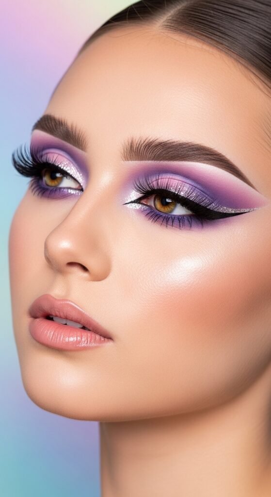 A stunning glamorous bimbocore makeup editorial featuring a beautiful woman with hyper-feminine Y2K inspired beauty including glossy pink lips, glitter eyeshadow, heavy blush, and dewy glowing skin, showcasing 15 bimbocore makeup ideas as the ultimate guide to mastering the hyper-feminine beauty trend.