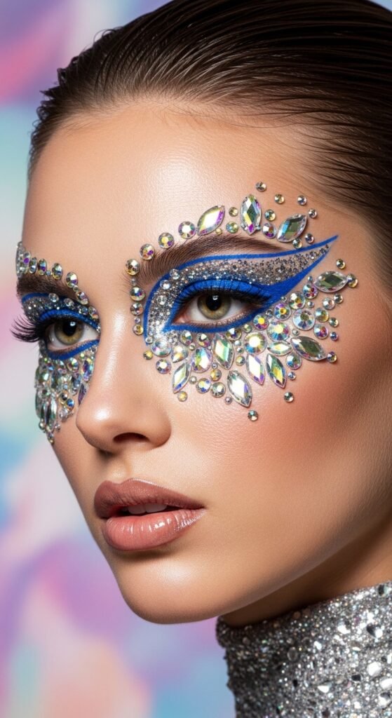 A breathtaking glam makeup look editorial featuring a stunning woman with dramatic smokey eyes, blinding highlighter, bold lips, graphic liner, and flawless skin surrounded by luxury makeup products on black marble, showcasing 15 glam makeup look ideas to elevate your beauty routine to the next level.