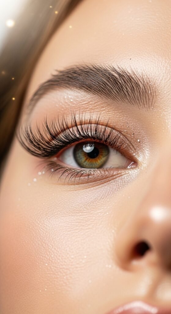 A breathtaking ethereal beauty editorial featuring a stunning woman with luminous glass skin, moonlit shimmer eyeshadow, feathery wispy lashes, softly stained lips, and iridescent hair surrounded by white flowers and crystals, showcasing 15 ethereal beauty ideas to transform your look into breathtaking dreamlike art.