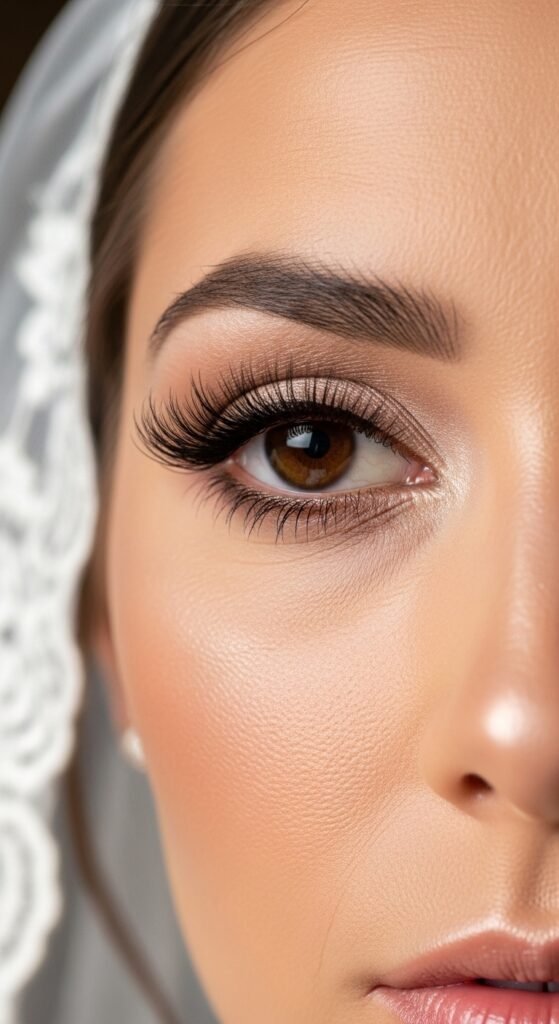 A breathtaking natural bridal makeup editorial featuring a beautiful bride with effortless glowing skin, soft dewy complexion, rosy blush, defined brows, and barely-there shimmer surrounded by elegant bridal beauty products and fresh white flowers, showcasing 16 natural bridal makeup ideas for 2026 as the ultimate guide to effortless bridal beauty.