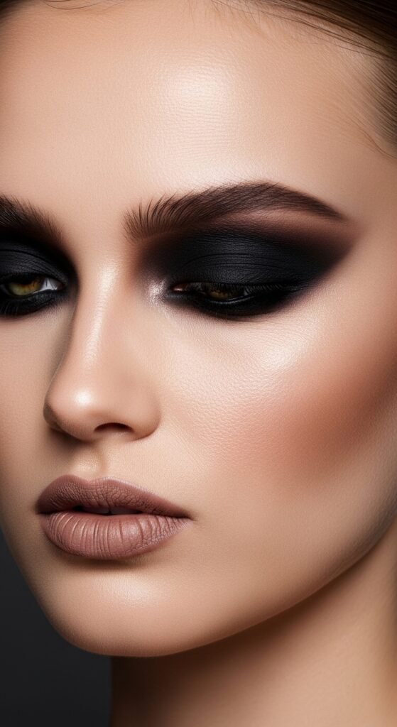 A stunning matte makeup editorial featuring a beautiful woman with a perfectly flawless velvety complexion, soft matte foundation, powdery blush, matte smokey eyes, and blurred matte lip surrounded by elegant matte beauty products, showcasing 15 matte makeup ideas for achieving a flawless and velvety complexion.
