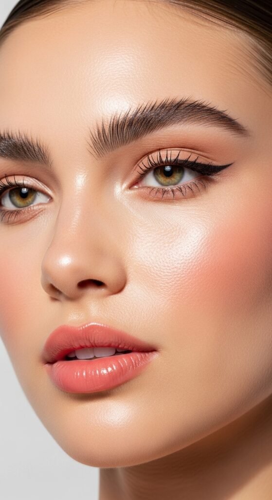 A breathtaking glamour makeup looks editorial featuring a stunning woman with dramatic smokey eyes, bold red lips, blinding highlighter, jewel-toned eyeshadow, and flawless skin surrounded by luxury makeup products, showcasing 17 glamour makeup looks ideas as the ultimate guide to achieving stunning and unforgettable beauty.