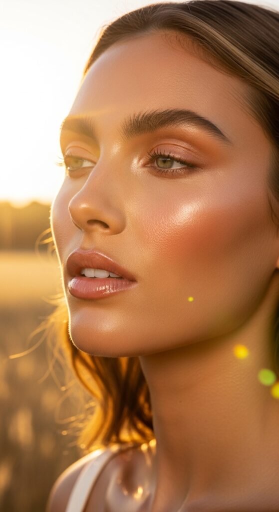 A stunning no mascara makeup editorial featuring a beautiful woman with flawless glowing skin, bold defined brows, colorful graphic liner, glossy lips, and radiant blush all achieved without mascara, showcasing 15 no mascara makeup ideas that prove bare lashes can be absolutely beautiful.