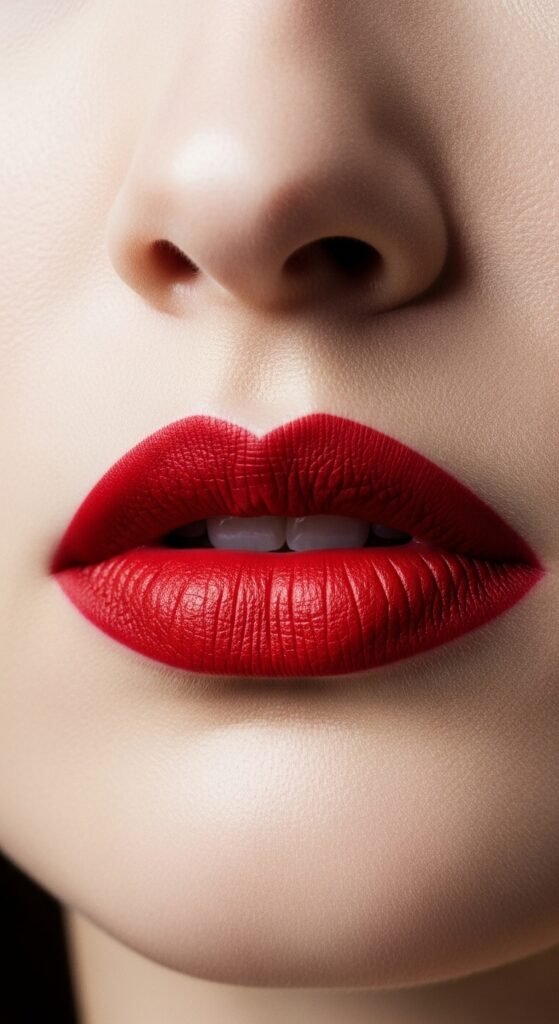 A breathtaking pale skin makeup editorial featuring a stunning fair-skinned woman with flawless porcelain complexion, soft rosy blush, ethereal highlight, subtle smokey eyes, and bold red lip surrounded by elegant makeup products on white marble, showcasing 20 pale skin makeup ideas as a complete guide to achieving flawless and radiant looks.