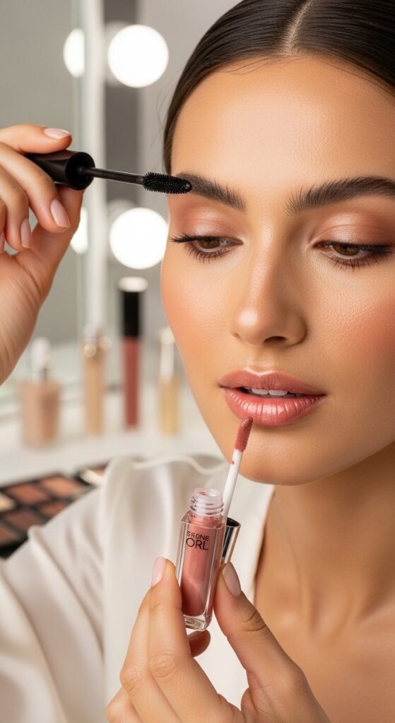 A breathtaking makeup tutorial editorial featuring a beautiful woman with a perfectly flawless face including glowing skin, defined eyes, sculpted cheeks, and polished lips surrounded by makeup brushes and products on a white marble vanity, serving as your ultimate friendly guide to achieving a flawless face with confidence.