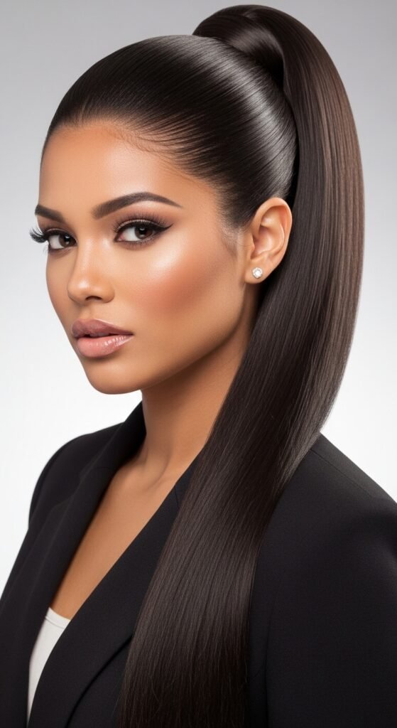 A stunning beauty editorial featuring a gorgeous woman with a flawless sleek straight quick weave hairstyle with perfect shine and movement, showcasing 20 straight quick weave hairstyles ideas for achieving instant glamour and salon-quality results at home.