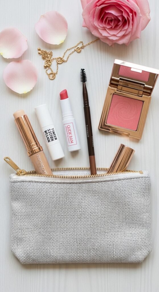 A stunning quick makeup ideas editorial featuring a beautiful woman effortlessly applying minimal makeup at a bright modern vanity surrounded by essential multi-tasking beauty products, showcasing 18 quick makeup ideas to save your morning routine and make effortless beauty achievable every single day.