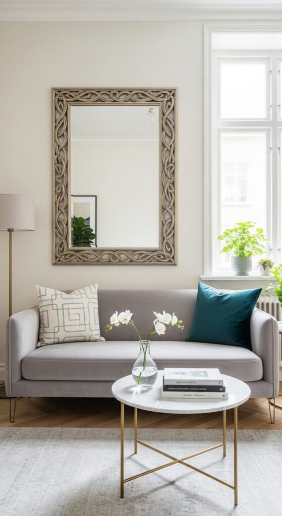 A beautifully designed and maximized small living room featuring multi-functional furniture, large mirrors, high curtains, vertical storage, and a neutral color palette, showcasing 20 small living room decor ideas to help you maximize space and create a stylish and functional home.