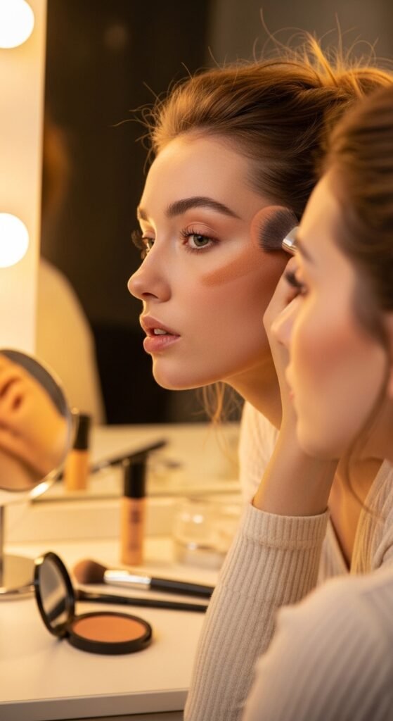 A breathtaking pale brunette makeup editorial featuring a beautiful fair-skinned brunette woman with flawless porcelain complexion, soft rosy blush, taupe smokey eyes, berry lips, and lavender highlighter surrounded by elegant makeup products, showcasing 20 pale brunette makeup ideas to help you embrace your unique beauty with confidence.