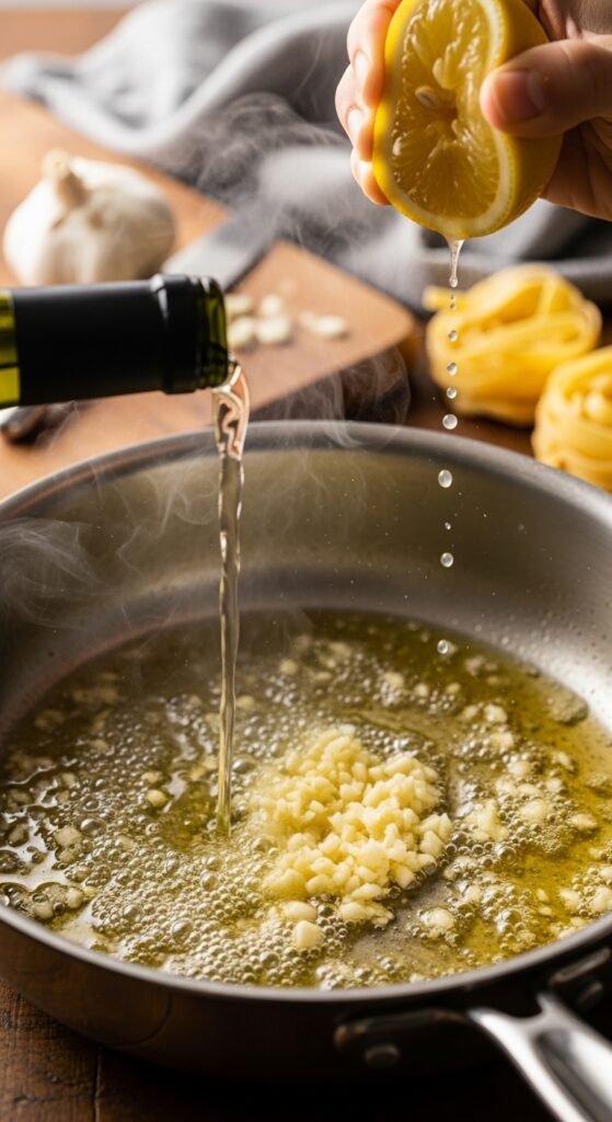 A breathtaking shrimp scampi pasta recipe editorial featuring a stunning bowl of perfectly cooked linguine with plump golden seared shrimp in a glossy white wine lemon garlic butter sauce with fresh parsley and lemon zest on a rustic Italian wooden table, showcasing the ultimate guide to mastering shrimp scampi pasta recipes at home.