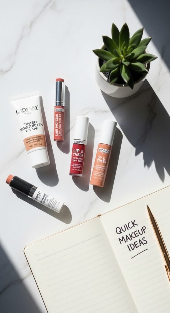 A stunning quick makeup ideas editorial featuring a beautiful woman effortlessly applying minimal makeup at a bright modern vanity surrounded by essential multi-tasking beauty products, showcasing 18 quick makeup ideas to save your morning routine and make effortless beauty achievable every single day.