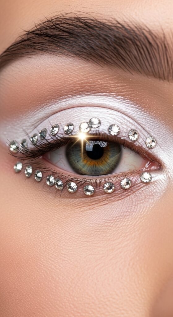 A stunning glamorous McBling makeup editorial featuring a beautiful woman with full Y2K inspired beauty including frosty eyeshadow, metallic foiled lids, glossy lips, shimmery blush, face gems, and chunky highlights, showcasing 18 McBling makeup ideas as a complete guide to mastering the most iconic Y2K makeup trends.