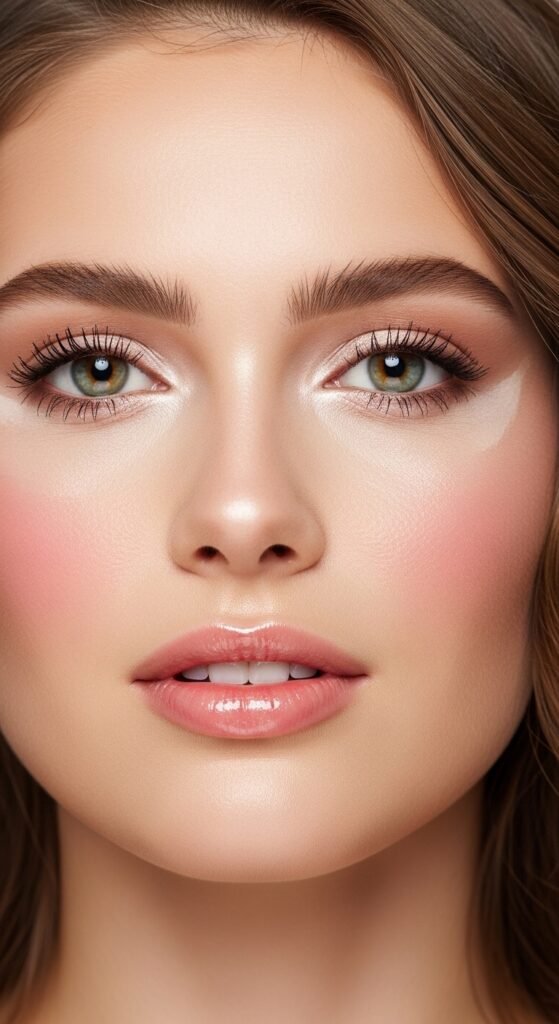 A stunning everyday makeup routine editorial featuring a beautiful woman with effortless natural beauty including glowing dewy skin, soft brows, subtle eye makeup, and flushed blush surrounded by essential makeup products on a white marble vanity, showcasing 18 everyday makeup routine ideas as the ultimate guide to achieving effortless beauty.