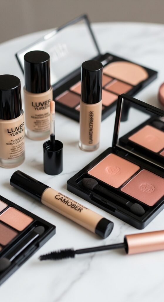 A breathtaking makeup tutorial editorial featuring a beautiful woman with a perfectly flawless face including glowing skin, defined eyes, sculpted cheeks, and polished lips surrounded by makeup brushes and products on a white marble vanity, serving as your ultimate friendly guide to achieving a flawless face with confidence.