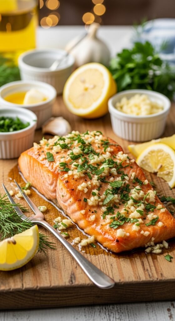  A breathtaking easy salmon recipes baked editorial featuring a stunning spread of golden baked salmon dishes including garlic butter, parmesan herb crusted, lemon pepper, and Mediterranean styles on a rustic wooden table with fresh lemon and dill, showcasing the ultimate guide to foolproof and flavorful easy baked salmon meals.