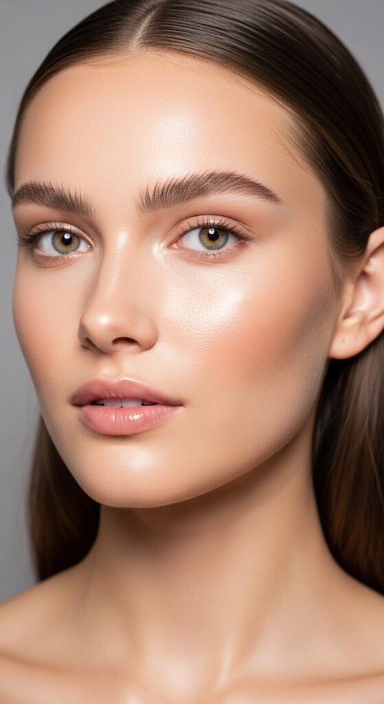 A breathtaking pale skin makeup editorial featuring a stunning fair-skinned woman with flawless porcelain complexion, soft rosy blush, ethereal highlight, subtle smokey eyes, and bold red lip surrounded by elegant makeup products on white marble, showcasing 20 pale skin makeup ideas as a complete guide to achieving flawless and radiant looks.