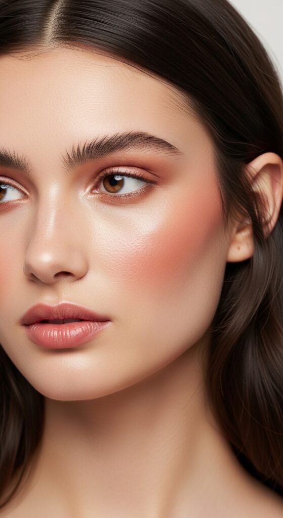 A breathtaking pale brunette makeup editorial featuring a beautiful fair-skinned brunette woman with flawless porcelain complexion, soft rosy blush, taupe smokey eyes, berry lips, and lavender highlighter surrounded by elegant makeup products, showcasing 20 pale brunette makeup ideas to help you embrace your unique beauty with confidence.