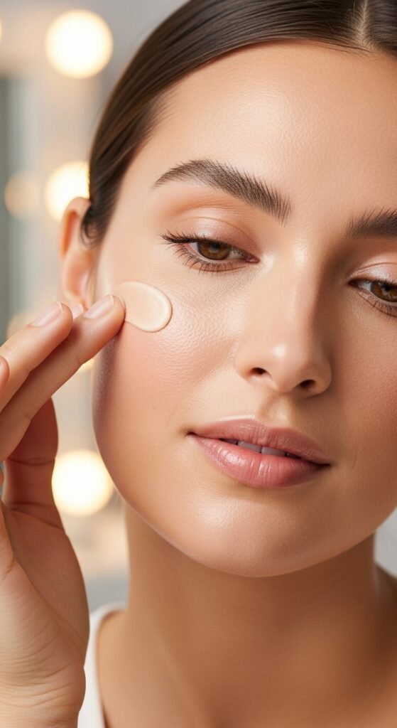 A stunning matte makeup editorial featuring a beautiful woman with a perfectly flawless velvety complexion, soft matte foundation, powdery blush, matte smokey eyes, and blurred matte lip surrounded by elegant matte beauty products, showcasing 15 matte makeup ideas for achieving a flawless and velvety complexion.