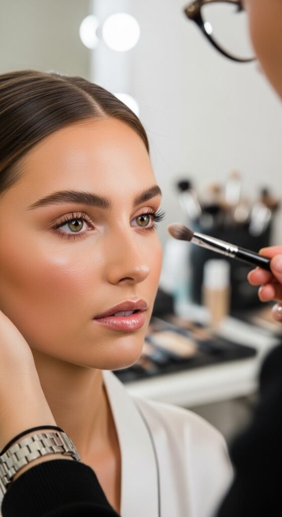 A breathtaking natural bridal makeup editorial featuring a beautiful bride with effortless glowing skin, soft dewy complexion, rosy blush, defined brows, and barely-there shimmer surrounded by elegant bridal beauty products and fresh white flowers, showcasing 16 natural bridal makeup ideas for 2026 as the ultimate guide to effortless bridal beauty.