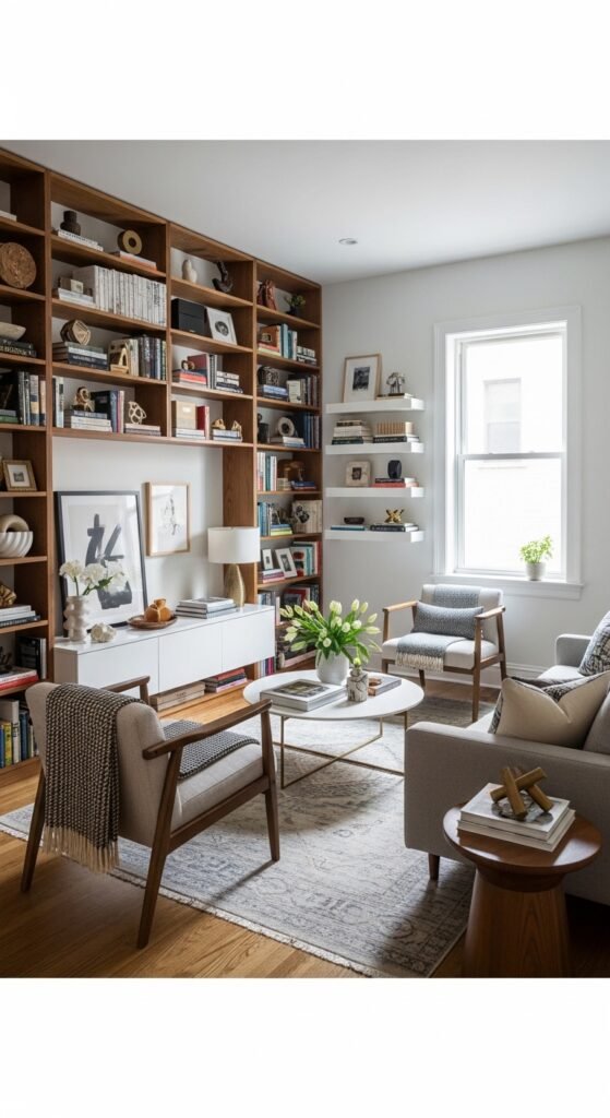 A beautifully designed and maximized small living room featuring multi-functional furniture, large mirrors, high curtains, vertical storage, and a neutral color palette, showcasing 20 small living room decor ideas to help you maximize space and create a stylish and functional home.