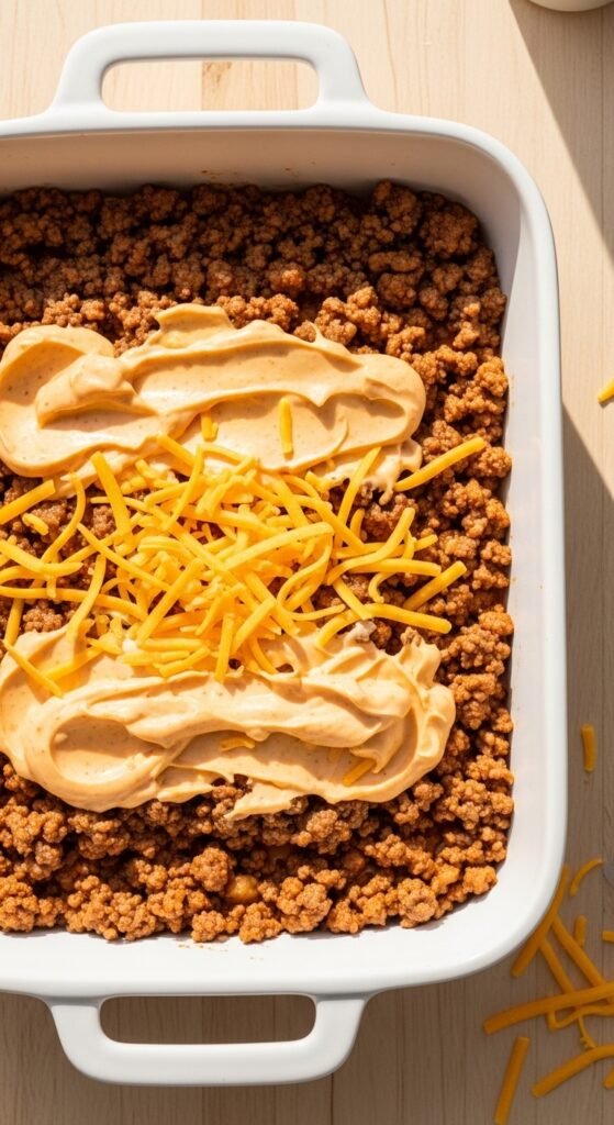 A breathtaking Big Mac tater tot casserole editorial featuring a golden bubbling casserole dish topped with crispy tater tots, melted cheddar cheese, fresh lettuce, diced tomatoes, pickles, and special sauce drizzle on a rustic wooden table, showcasing the ultimate guide to this irresistible comfort food mashup made in heaven.