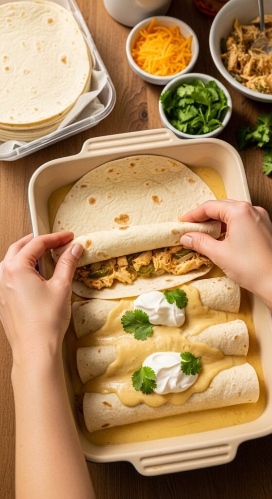 A breathtaking sour cream chicken enchilada recipe editorial featuring a stunning baking dish of golden baked enchiladas smothered in rich creamy white sauce, melted cheese, fresh cilantro, and jalapeños on a rustic wooden table, showcasing the ultimate guide to making the most delicious and authentic sour cream chicken enchilada recipe at home.
