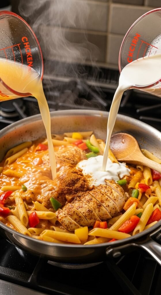 A breathtaking one pot Cajun chicken pasta recipe editorial featuring a stunning cast iron skillet overflowing with creamy spicy pasta, golden seared Cajun chicken, colorful bell peppers, melted parmesan, and fresh parsley on a rustic wooden table, showcasing the ultimate guide to making this creamy spicy and unforgettable one pot Cajun chicken pasta recipe.
