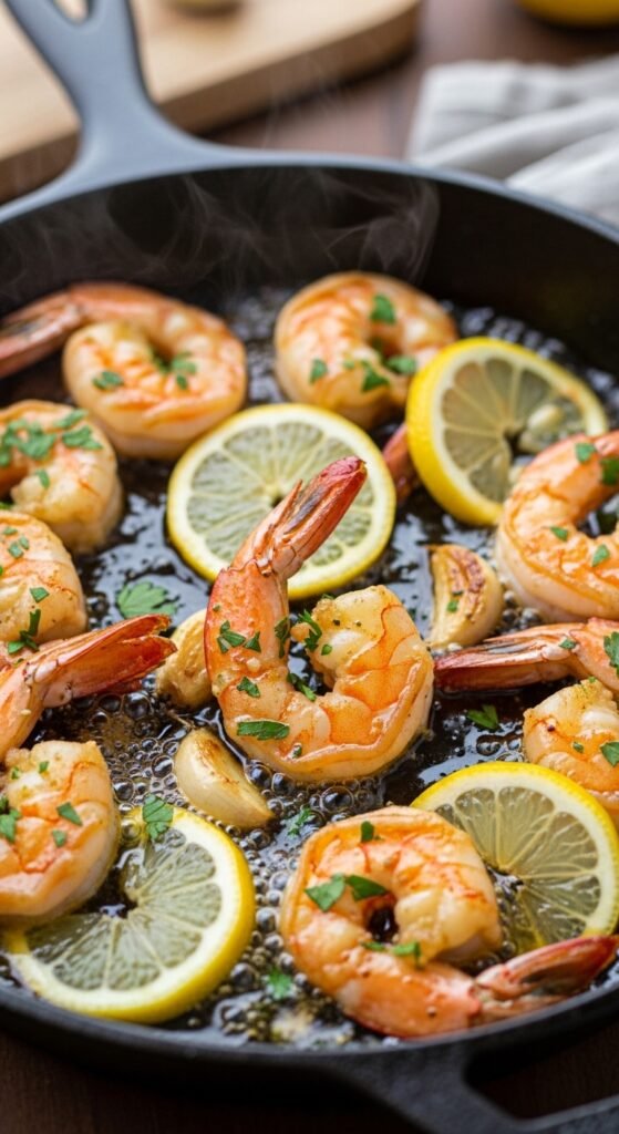 A breathtaking easy shrimp recipes for dinner editorial featuring a stunning spread of golden shrimp dishes including garlic butter shrimp, lemon scampi, shrimp tacos, Cajun shrimp, and Greek shrimp with feta beautifully styled on a rustic wooden table with fresh lemon and herbs, showcasing the ultimate guide to fast fancy and foolproof easy shrimp recipes for dinner.