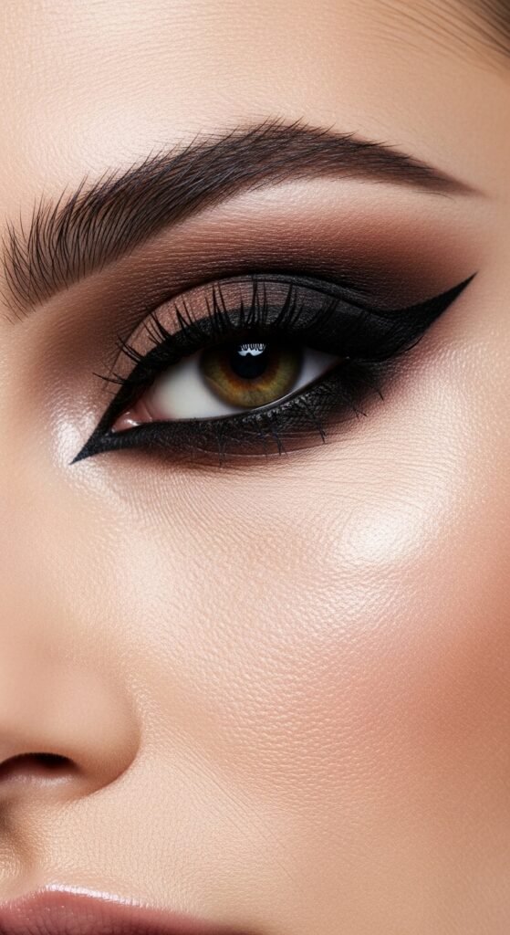 A stunning no mascara makeup editorial featuring a beautiful woman with flawless glowing skin, bold defined brows, colorful graphic liner, glossy lips, and radiant blush all achieved without mascara, showcasing 15 no mascara makeup ideas that prove bare lashes can be absolutely beautiful.