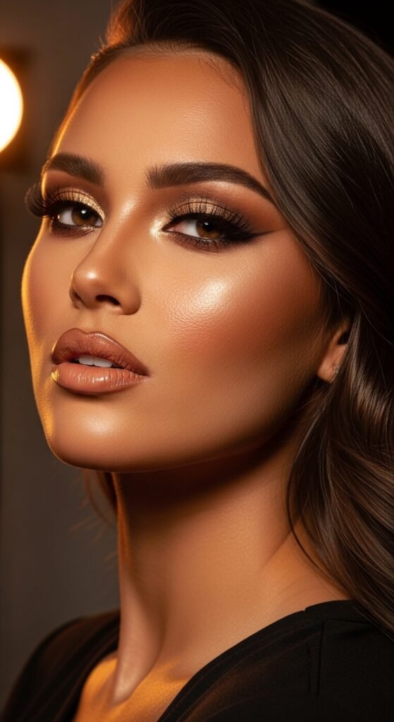A breathtaking glam makeup look editorial featuring a stunning woman with dramatic smokey eyes, blinding highlighter, bold lips, graphic liner, and flawless skin surrounded by luxury makeup products on black marble, showcasing 15 glam makeup look ideas to elevate your beauty routine to the next level.
