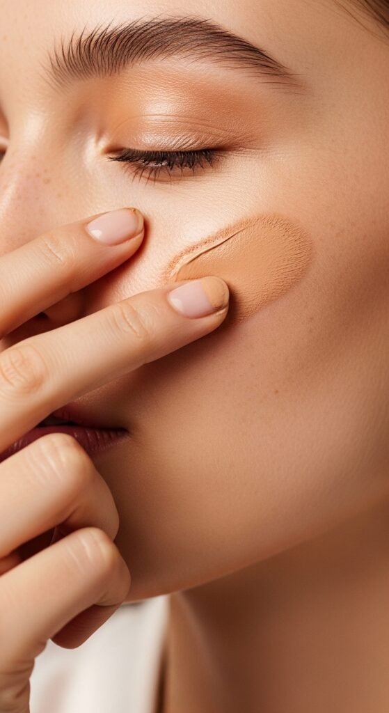 A breathtaking simple natural makeup editorial featuring a beautiful woman with effortlessly glowing dewy skin, groomed feathery brows, soft cream blush, bitten lip stain, and inner corner highlight surrounded by minimal beauty products on white marble, showcasing 20 simple makeup natural ideas as the ultimate guide to achieving effortless everyday beauty.