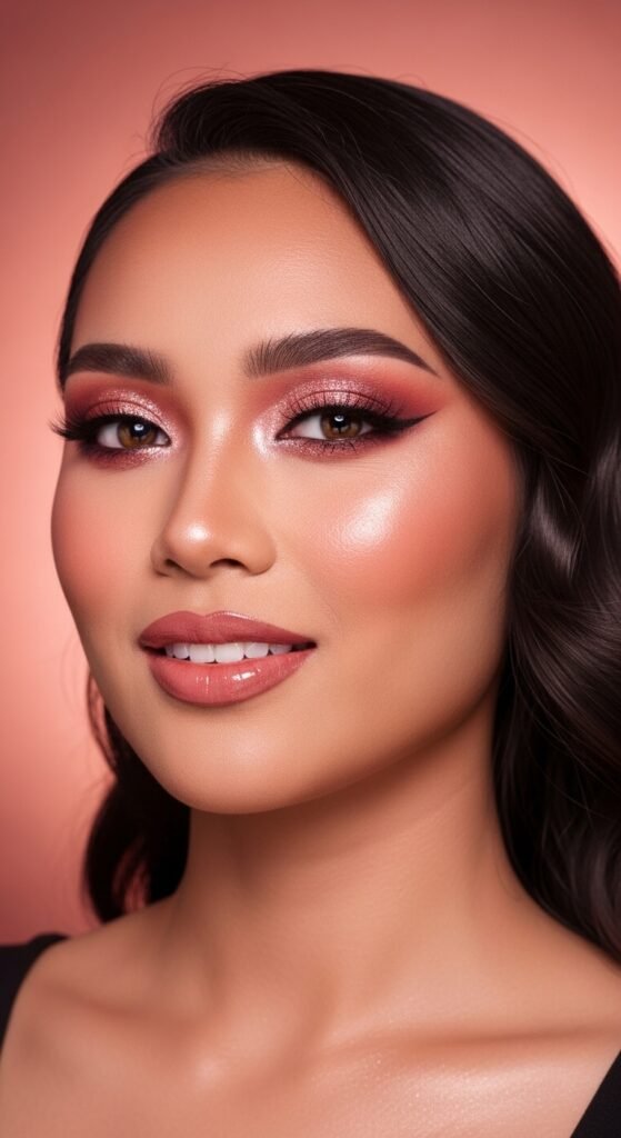 A breathtaking glamour makeup looks editorial featuring a stunning woman with dramatic smokey eyes, bold red lips, blinding highlighter, jewel-toned eyeshadow, and flawless skin surrounded by luxury makeup products, showcasing 17 glamour makeup looks ideas as the ultimate guide to achieving stunning and unforgettable beauty.