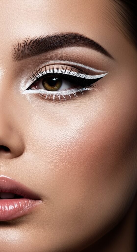 A stunning glamorous McBling makeup editorial featuring a beautiful woman with full Y2K inspired beauty including frosty eyeshadow, metallic foiled lids, glossy lips, shimmery blush, face gems, and chunky highlights, showcasing 18 McBling makeup ideas as a complete guide to mastering the most iconic Y2K makeup trends.