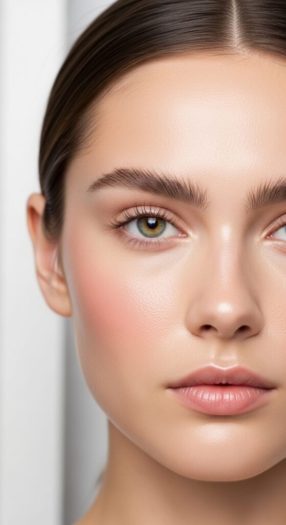 A stunning no mascara makeup editorial featuring a beautiful woman with flawless glowing skin, bold defined brows, colorful graphic liner, glossy lips, and radiant blush all achieved without mascara, showcasing 15 no mascara makeup ideas that prove bare lashes can be absolutely beautiful.