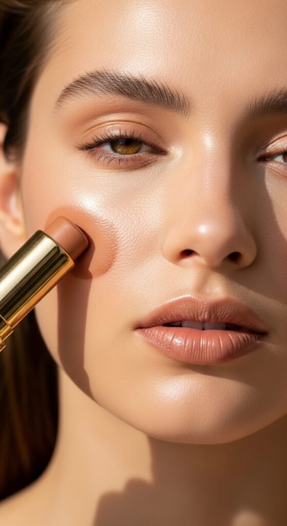 A breathtaking simple natural makeup editorial featuring a beautiful woman with effortlessly glowing dewy skin, groomed feathery brows, soft cream blush, bitten lip stain, and inner corner highlight surrounded by minimal beauty products on white marble, showcasing 20 simple makeup natural ideas as the ultimate guide to achieving effortless everyday beauty.