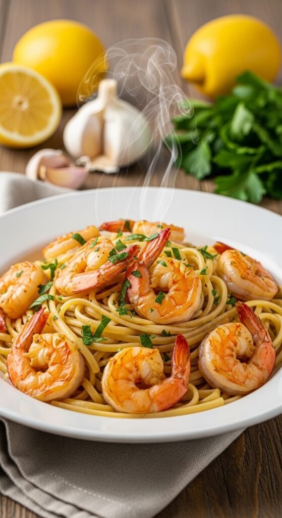 A breathtaking easy shrimp recipes for dinner editorial featuring a stunning spread of golden shrimp dishes including garlic butter shrimp, lemon scampi, shrimp tacos, Cajun shrimp, and Greek shrimp with feta beautifully styled on a rustic wooden table with fresh lemon and herbs, showcasing the ultimate guide to fast fancy and foolproof easy shrimp recipes for dinner.