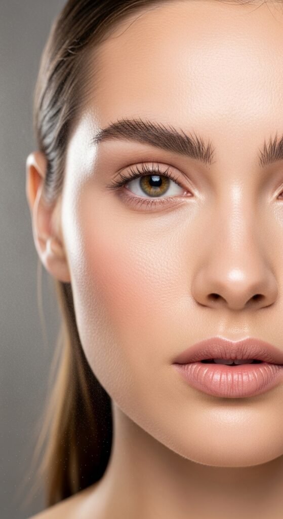 A stunning matte makeup editorial featuring a beautiful woman with a perfectly flawless velvety complexion, soft matte foundation, powdery blush, matte smokey eyes, and blurred matte lip surrounded by elegant matte beauty products, showcasing 15 matte makeup ideas for achieving a flawless and velvety complexion.