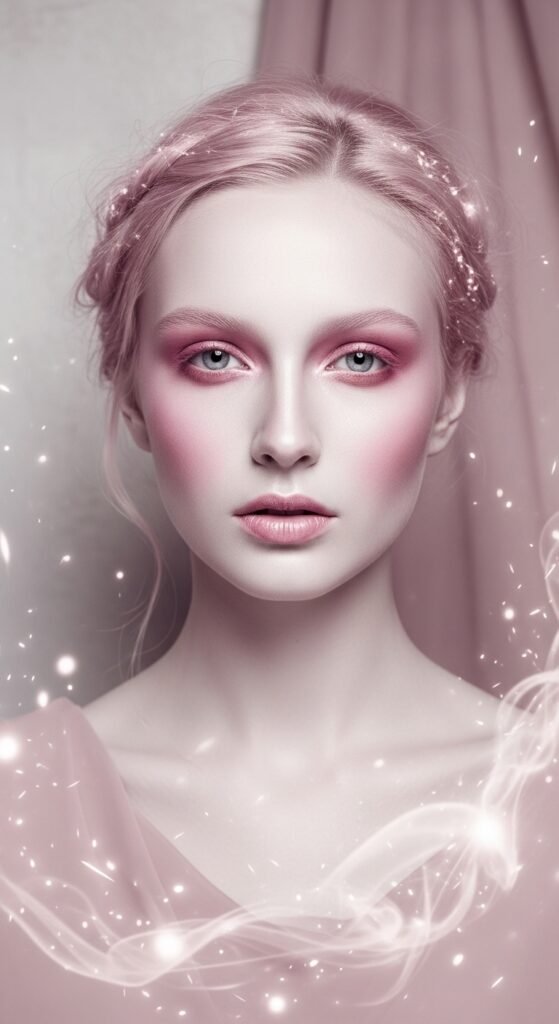 A breathtaking pale skin makeup editorial featuring a stunning fair-skinned woman with flawless porcelain complexion, soft rosy blush, ethereal highlight, subtle smokey eyes, and bold red lip surrounded by elegant makeup products on white marble, showcasing 20 pale skin makeup ideas as a complete guide to achieving flawless and radiant looks.