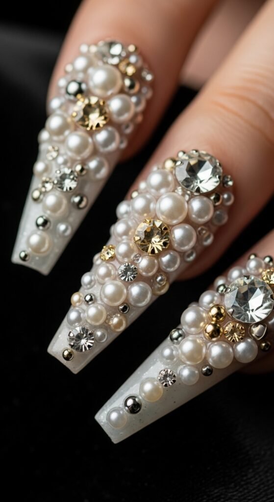 A stunning beauty editorial featuring beautifully manicured hands showcasing multiple cool nail art designs including chrome effects, pressed flowers, geometric patterns, and glitter ombre on a white marble surface, illustrating 15 cool nails ideas as a complete guide to achieving stunning and creative manicures.