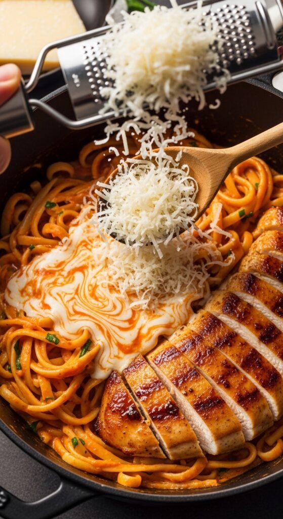 A breathtaking one pot Cajun chicken pasta recipe editorial featuring a stunning cast iron skillet overflowing with creamy spicy pasta, golden seared Cajun chicken, colorful bell peppers, melted parmesan, and fresh parsley on a rustic wooden table, showcasing the ultimate guide to making this creamy spicy and unforgettable one pot Cajun chicken pasta recipe.