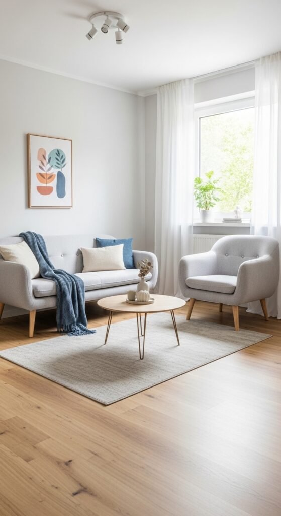 A beautifully designed and maximized small living room featuring multi-functional furniture, large mirrors, high curtains, vertical storage, and a neutral color palette, showcasing 20 small living room decor ideas to help you maximize space and create a stylish and functional home.