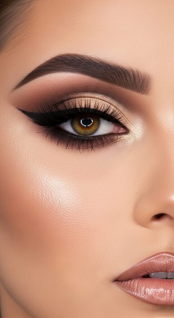 A breathtaking glam makeup look editorial featuring a stunning woman with dramatic smokey eyes, blinding highlighter, bold lips, graphic liner, and flawless skin surrounded by luxury makeup products on black marble, showcasing 15 glam makeup look ideas to elevate your beauty routine to the next level.