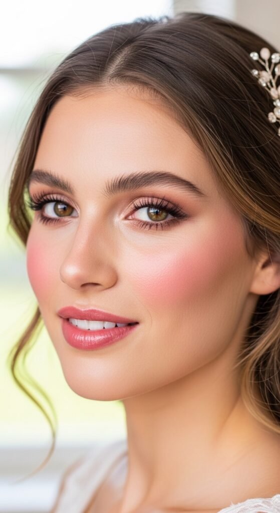 A breathtaking natural bridal makeup editorial featuring a beautiful bride with effortless glowing skin, soft dewy complexion, rosy blush, defined brows, and barely-there shimmer surrounded by elegant bridal beauty products and fresh white flowers, showcasing 16 natural bridal makeup ideas for 2026 as the ultimate guide to effortless bridal beauty.