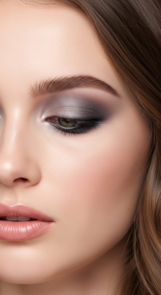 A breathtaking pale brunette makeup editorial featuring a beautiful fair-skinned brunette woman with flawless porcelain complexion, soft rosy blush, taupe smokey eyes, berry lips, and lavender highlighter surrounded by elegant makeup products, showcasing 20 pale brunette makeup ideas to help you embrace your unique beauty with confidence.